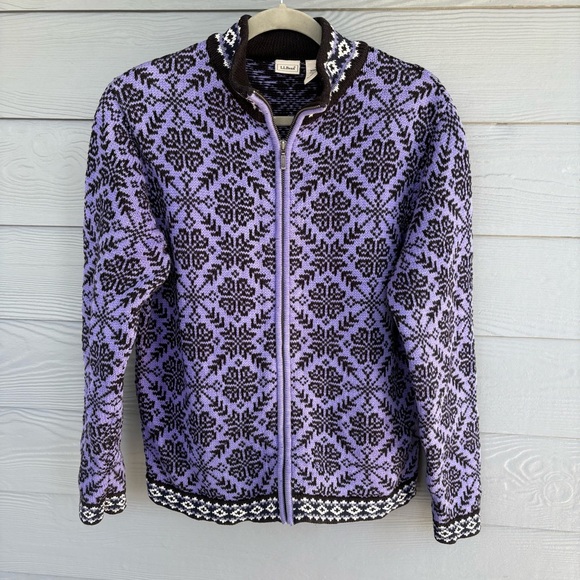 L.L. Bean Purple, White and Black Patterned Full Zip Sweater 100% Cotton Size L - Picture 1 of 5
